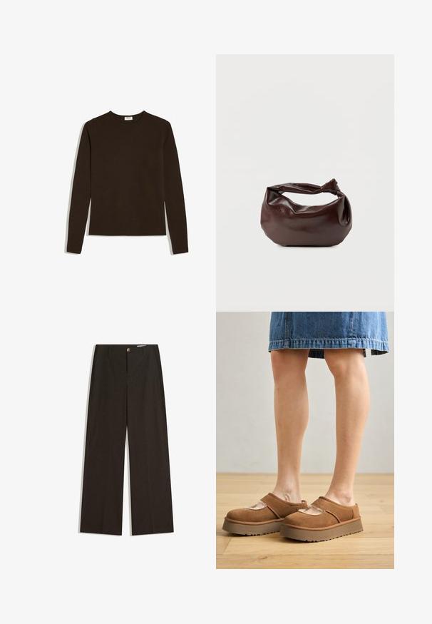 T-shirt à manches longues brun foncé, col rond, design uni, posé à plat sur fond blanc.; Pantalon à jambes larges en tissu marron foncé, avec des fines rayures verticales, une fermeture boutonnée à l'avant et deux poches latérales pour plus de fonctionnalité.; Chaussures à plataforma en suède marron avec un bout arrondi, des découpes, et une semelle robuste, accompagnées d'une jupe en denim dans un cadre au sol en bois.; Sac bandoulière en cuir marron foncé avec une forme souple et décontractée et une anse nouée torsadée sur un fond blanc uni.