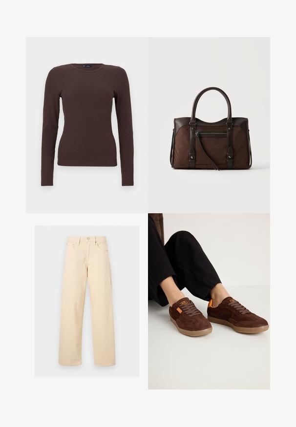 Haut marron à manches longues côtelées, ajusté, col rond, avec une petite étiquette GAP au niveau du col, présenté sur un fond blanc.; Pantalon beige droit avec bouton et fermeture éclair à l’avant, passants pour ceinture et design cinq poches sur un fond uni clair.; Baskets en daim marron avec un bout rond, un dessus texturé et des accents orange. Elles présentent des lacets plats et une semelle en caoutchouc.; Sac à main en cuir et daim marron foncé avec deux poignées, poche avant zippée et coutures décoratives sur un fond uni clair.