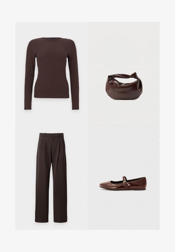 Top marrón de manga larga ajustada con cuello redondo acanalado y una pequeña etiqueta de GAP en el cuello, mostrado sobre un fondo blanco.; Pantalones marrones con plisados y diseño de pierna recta. Fabricados en una tela suave, con pasadores para cinturón y bolsillos laterales.; Bailarina de charol marrón con punta cuadrada y tira que presenta una pequeña hebilla dorada. Textura suave, tacón bajo y diseño minimalista.; Bolso de hombro de cuero marrón oscuro con una forma suave y caída, y un asa con nudo torcido sobre un fondo blanco liso.
