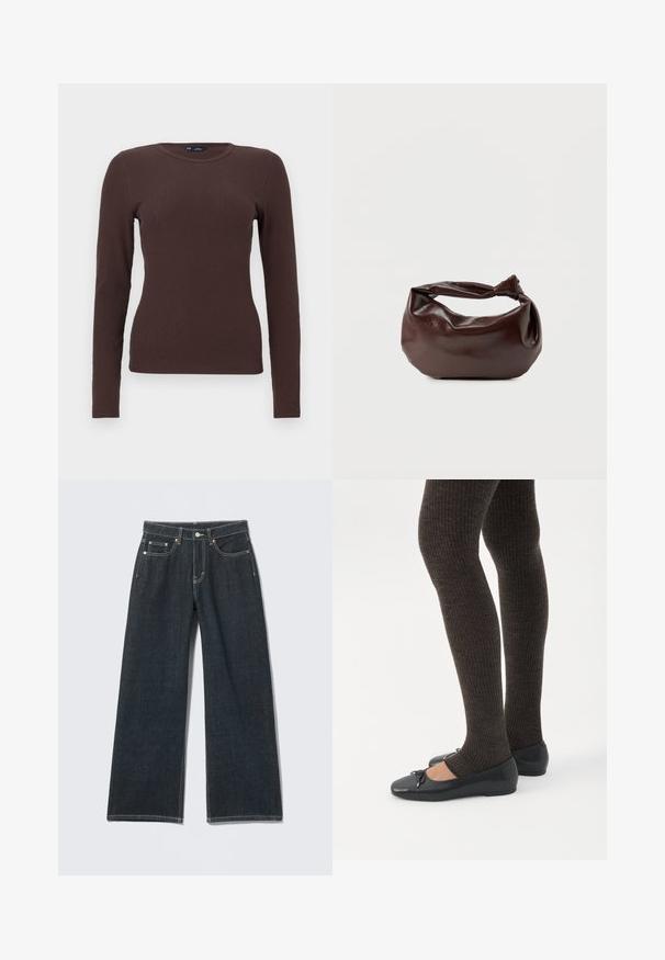 Bruin geribd, nauwsluitend longsleeve shirt met ronde hals en een klein GAP-label bij de hals, afgebeeld op een witte achtergrond.; Donkerblauwe jeans met wijde pijpen, knoopsluiting aan de voorkant, rits, lussens voor riem en vijf zakken, tegen een lichte effen achtergrond.; Benen met donkere geribbelde leggings gecombineerd met zwarte ballerina's met kleine strikdetails op een witte achtergrond.; Donkerbruine leren schoudertas met een zachte, slungelige vorm en een gedraaide knoopvormige handgreep op een effen witte achtergrond.