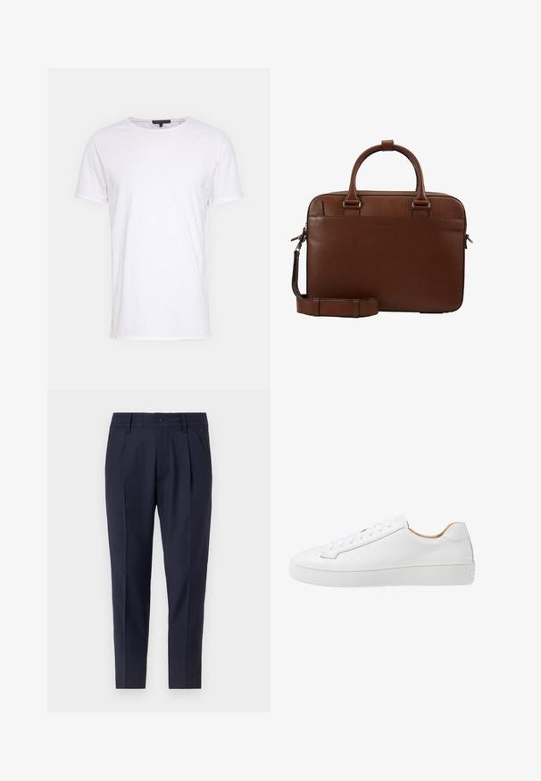 T-shirt en coton blanc avec un col rond, des manches courtes et une coupe droite. Présente une texture simple et lisse, sans motifs supplémentaires.; Pantalons bleu marine ajustés, dotés de plis, d'une fermeture à bouton et de poches latérales. Fabriqués dans un tissu lisse avec un léger éclat.; Sneaker en cuir blanc avec une finition lisse, bout rond, design plat à lacets, et une semelle en caoutchouc épaisse présentant un motif de grip texturé.; Tiger of Sweden BOSUN - Mallette - cognac