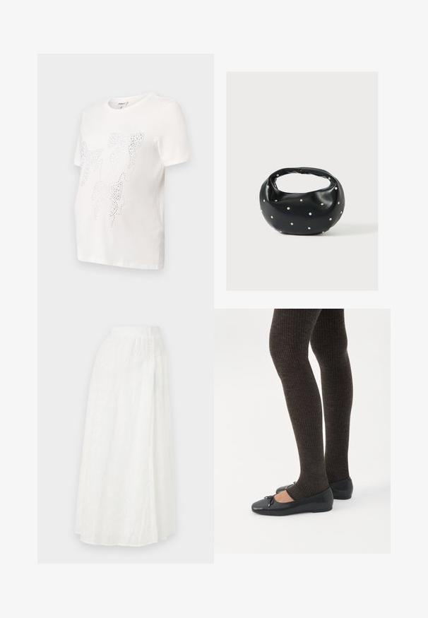 T-shirt en coton blanc à manches courtes, avec un design de feuilles soulignées de petits clous métalliques. Encolure ronde, coupe décontractée.; Jupe maxi blanche avec une taille élastique, présentant un motif floral texturé et des découpes en dentelle sur l'ensemble du tissu.; Jambes portant des leggings côtelés foncés associés à des ballerines noires avec de petits détails en nœud sur fond blanc.; Sac à main en cuir noir de forme arrondie, décoré de clous argentés et équipé d'une poignée courte. Texture lisse et fermeture éclair.