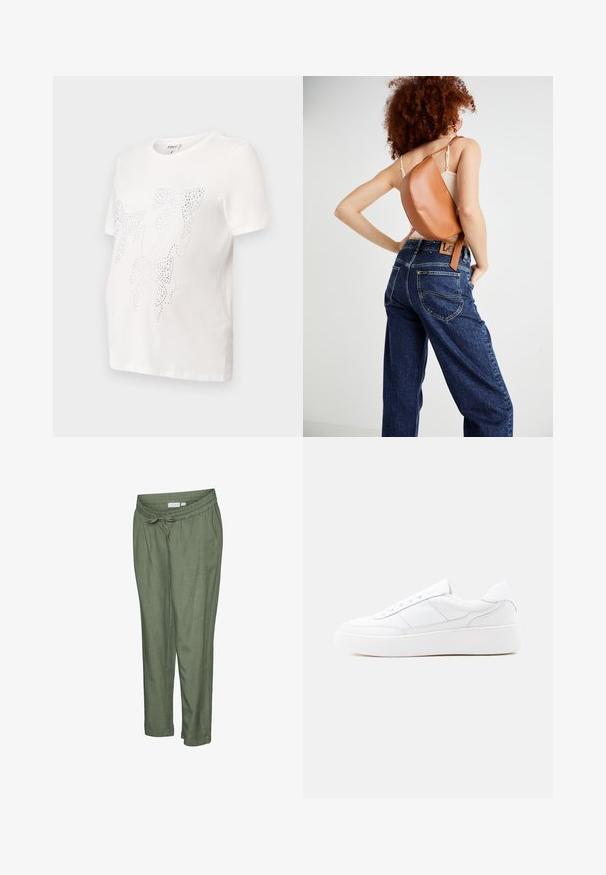 T-shirt en coton blanc à manches courtes, avec un design de feuilles soulignées de petits clous métalliques. Encolure ronde, coupe décontractée.; Pantalon léger de couleur vert olive avec une coupe décontractée. Caractérisé par une taille élastique avec cordon de serrage, des ourlets retroussés et des poches latérales.; Baskets basses blanches avec semelle épaisse, design à lacets et détails de couture subtils sur un fond clair uni.; Sac à dos en cuir marron avec un design incurvé unique. Porté en diagonale, associé à un jean en denim bleu taille haute avec des coutures jaunes.