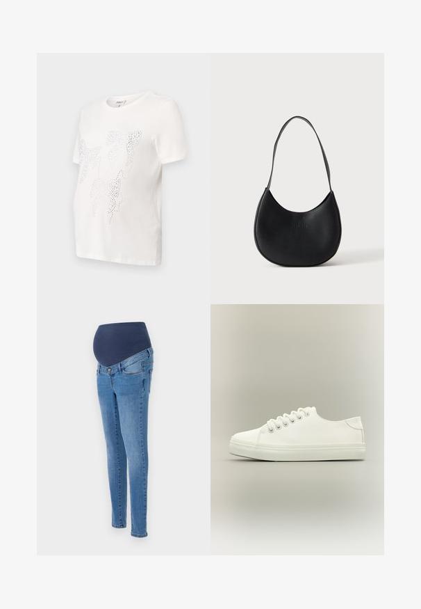 Hvid bomulds t-shirt med korte ærmer, der har et design af blade omrids i små metalliske studs. Rund halsudskæring, afslappet pasform.; Graviditetsjeans med en blå elastisk talje og slim-fit ben, lavet af lys blå denim med lidt falmning og standard baglommer.; Hvid lavtop sneaker med hvide snørebånd og gummisål vist fra siden på en neutral baggrund.; Sort læder skuldertaske i halvmåneform med en enkelt rem og diskret præget brandnavn på en ensartet lys baggrund.