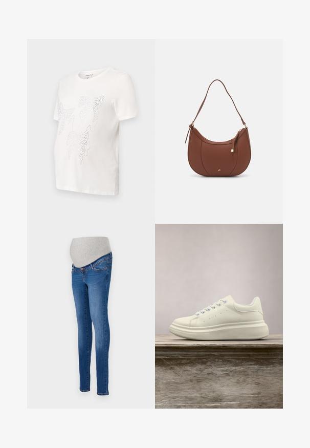 Camiseta blanca de algodón con mangas cortas, que presenta un diseño de hojas contorneadas con pequeños clavos metálicos. Cuello redondo, corte relajado.; Jeans de maternidad en denim azul con un corte ajustado. Cuenta con un panel de estiramiento gris para mayor comodidad. Diseño clásico de cinco bolsillos con un ligero desvanecimiento.; Zapatilla deportiva de cuero blanco con puntera redonda, textura lisa y cordones en contraste. Cuenta con orificios de ventilación y una suela de goma gruesa para mayor comodidad.; Bolso de hombro de imitación cuero marrón con forma curva, costura mínima y un acento de hardware en tono dorado. Presenta un cierre de cremallera en la parte superior y una correa ajustable.