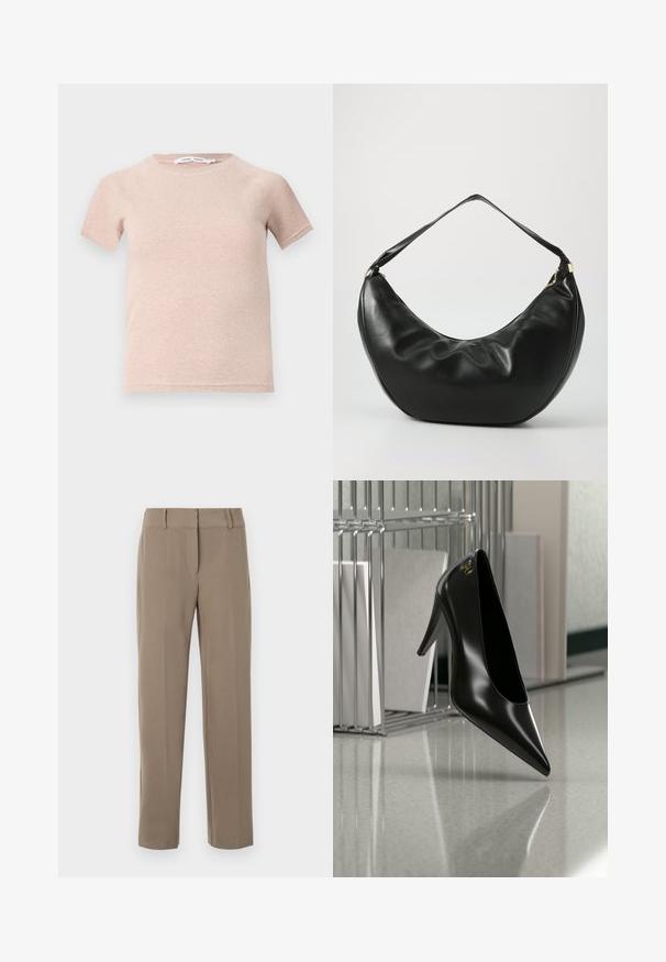 Camiseta de manga corta color rosa claro, fabricada en tejido acanalado, con un escote redondo y un corte relajado. Diseño simple y sin costuras.; Pantalones caqui de pierna recta con trabillas para cinturón y cierre frontal de cremallera sobre fondo blanco.; Zapato de tacón alto negro con punta afilada y logo dorado, colocado sobre una superficie reflectante cerca de un organizador de archivos de alambre cromado con documentos.; Bolso de hombro de cuero negro con una forma curva, textura suave y una sola correa; cuenta con un zipper dorado y un branding sutil.
