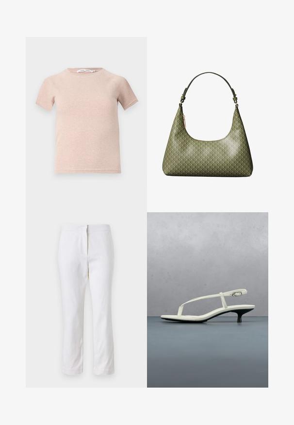 Camiseta de manga corta color rosa claro, fabricada en tejido acanalado, con un escote redondo y un corte relajado. Diseño simple y sin costuras.; Pantalones de algodón blancos con un diseño de pierna recta, que cuentan con una cintura de media altura y sin herrajes o patrones visibles. Textura suave en todo su recorrido.; Sandalia blanca de tacón kitten con tiras y punta afilada, flotando sobre un suelo de baldosas de madera al aire libre, con un fondo desenfocado de plantas y pared.; Bolso de hombro verde oliva con correa ajustable y un patrón geométrico repetitivo de lazos entrelazados.
