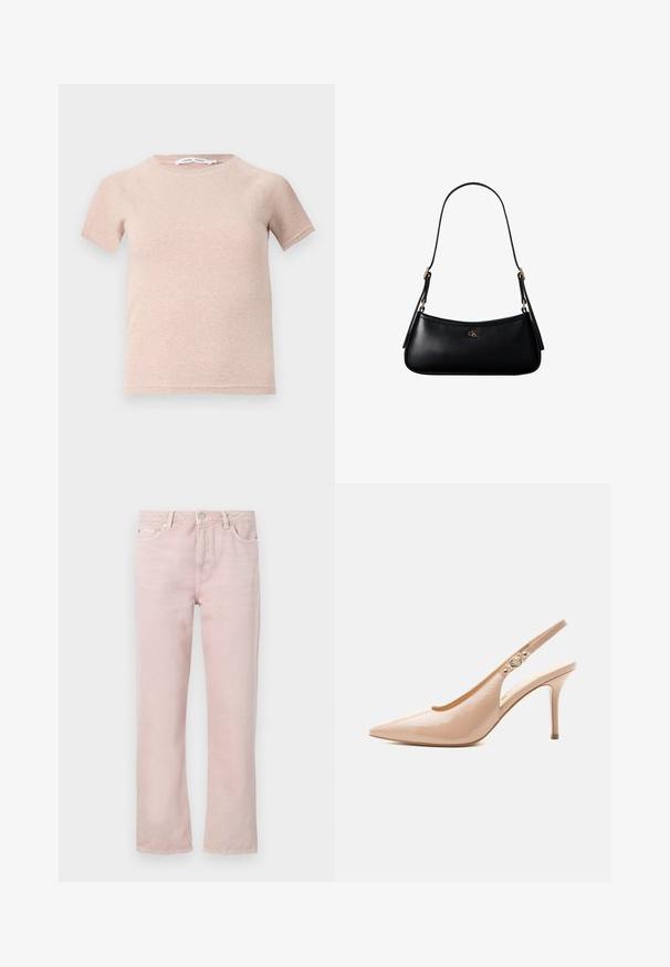 Helles pinkes T-Shirt mit kurzen Ärmeln aus Rippstoff, mit Rundhalsausschnitt und lockerer Passform. Einfaches und nahtloses Design.; Helle rosa Denim-Jeans mit geradem Schnitt, fünf Taschen und Reißverschluss. Enthält Steppdetails und Akzente aus silberfarbenem Metall.; Beiger Lackleder High-Heel Slingback-Schuh mit spitzer Spitze und kleinem goldenen Schnallendetail am Riemen.; Schwarze kleine Lederschultertasche mit dünnem Riemen und kleinem goldenem CK-Logo auf der Vorderseite in der Mitte.