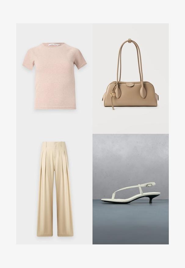T-shirt à manches courtes rose clair en tissu côtelé, avec un col rond et une coupe décontractée. Design simple et sans couture.; Pantalons larges beige en tissu lisse. Présentent des plis nets, une taille haute et des détails de couture subtils pour un look ajusté.; Sandale blanche à talon kitten avec des lanières et un bout pointu, flottant au-dessus d'un sol en carrelage en bois en plein air avec un arrière-plan flou de plante et de mur.; Sac à main beige avec une texture en cuir lisse. Forme arrondie, deux longues anses et un détail de quincaillerie dorée sur une fermeture éclair.