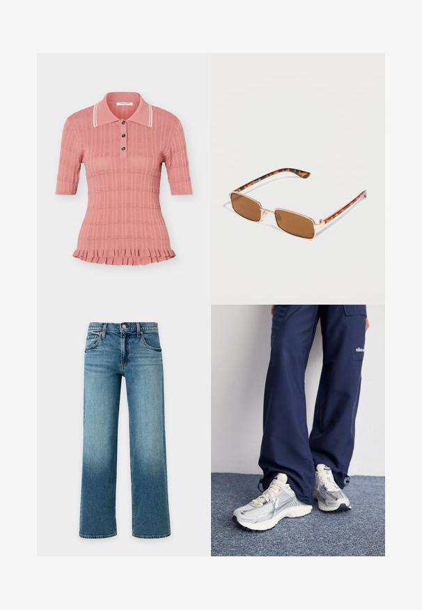 Rosa kurzärmeliges Strick-Poloshirt mit strukturiertem Muster, drei Knöpfen, weiß gestreiftem Kragen und gerafftem Saum.; Blaue Denim-Jeans mit weitem Bein, Knopf- und Reißverschluss, Vorder- und Hosentaschen sowie Gürtelschlaufen auf hellem Hintergrund.; Nike Sportschuhe mit einem silbernen Mesh-Obermaterial, weißen Akzenten und strukturierten Sohlen, kombiniert mit locker sitzenden marineblauen Hosen.; Rechteckige braune Sonnenbrille mit dünnem goldfarbenem Metallrahmen und Bügeln im Schildpattmuster auf weißem Hintergrund.