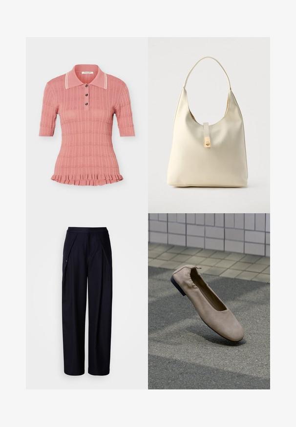 Polo de punto rosa de manga corta con patrón texturizado, tres botones, cuello con rayas blancas y bajo con volantes.; Pantalones de pierna ancha en color navy con una textura suave, frente plisado y cinturilla elástica. Presenta un bolsillo lateral discreto y un branding minimalista.; Zapato plano beige con puntera redonda y parte trasera elástica, flotando sobre una superficie de suelo con baldosas y pavimento.; Bolso hobo de cuero color crema con una sola correa para el hombro, textura suave y detalle de cierre metálico dorado en el frente.