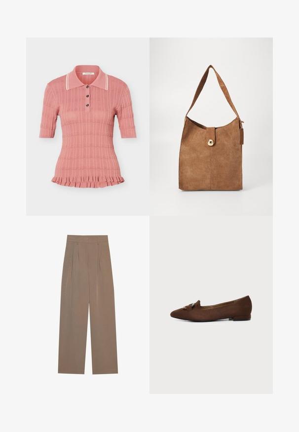Lyserød strikket polo med korte ærmer, tekstureret mønster, tre knapper, hvidstribet krave og rynket kant.; Brune plisserede bukser med bred ben-design, der har en flad talje og sidelommer, lavet af et letvægtsstof.; Brun flad sko med spids tå og dekorativ spændedetalje på toppen, sat mod en ensfarvet lys baggrund.; Brun ruskind skuldertaske med en enkel strop, der har en guldfarvet lås og en glat overflade. Minimalistisk design med en flad bund.