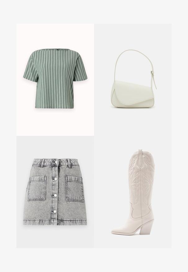 Lichtgroen gestreept t-shirt met korte mouwen en een vierkante halslijn. Gemaakt van textuurstof met verticale witte lijnen. Casual en boxy pasvorm.; Lichtgrijze denimrok met een vervaagde textuur, voorzien van een knoopsluiting aan de voorkant, twee grote zijzakken en een rechte snit.; Witte leren cowboylaars met een spitse neus en een vierkante hak. Heeft ingewikkelde stikpatronen op de schacht en een soepele textuur.; Witte nepleren handtas met een gestructureerde driehoekige vorm, een enkele verstelbare schouderriem en een klep met ronde accenten.
