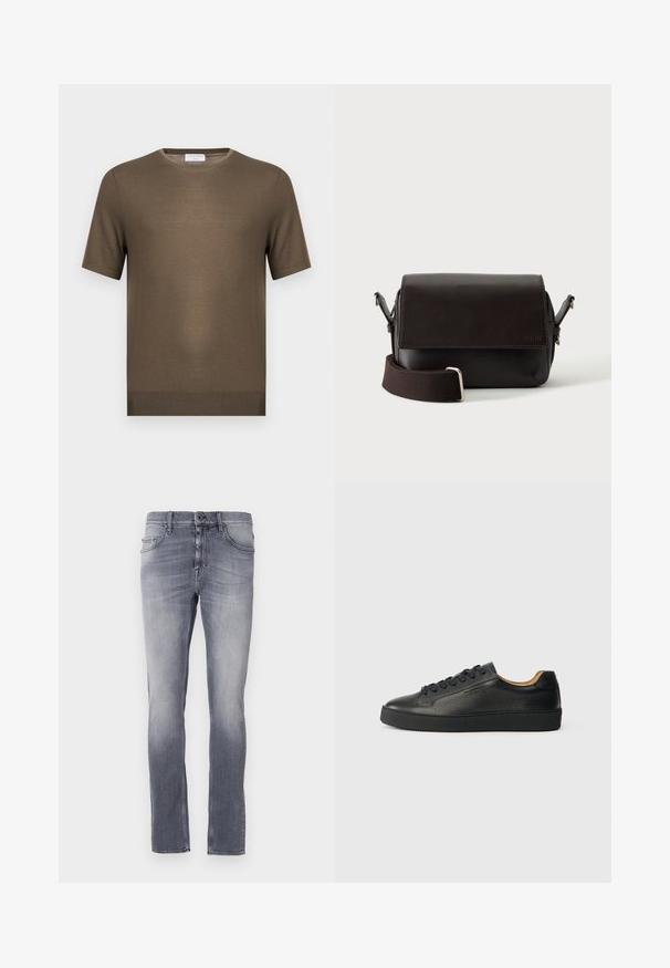 Kortemouwen olijfgroene gebreide trui met ronde hals en geribde zoom, weergegeven op een effen witte achtergrond.; Grijze denim jeans met een vervaagde was, recht gesneden ontwerp, vijf zakken, riemlussen en een metalen knoopsluiting bij de taille.; Zwarte lage leren sneaker met gestructureerd oppervlak, zwarte veters en dikke rubberen zool, zijaanzicht op een lichte achtergrond.; Donkerbruine leren schoudertas met klepsluiting en verstelbare stoffen riem op witte achtergrond.