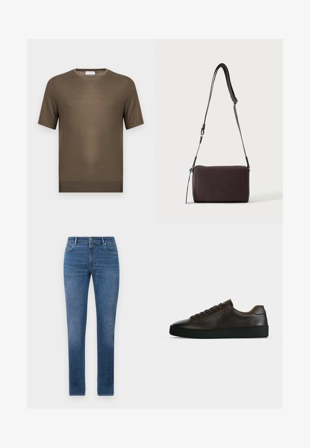 Pull en maille vert olive à manches courtes avec encolure ronde et ourlet côtelé, présenté sur fond blanc uni.; Jeans en denim bleu coupe droite avec fermeture à bouton à l'avant, fermeture éclair et cinq poches, affichés sur un fond blanc.; Baskets basses en cuir marron foncé avec semelle en caoutchouc noire, lacets à l'avant et design minimaliste épuré sur fond clair.; Sac bandoulière en cuir marron foncé texturé avec une sangle réglable et un petit accent décoratif bleu sur le côté.