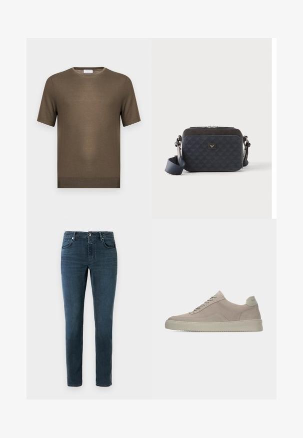 Pull en maille vert olive à manches courtes avec encolure ronde et ourlet côtelé, présenté sur fond blanc uni.; Jeans bleu foncé à coupe slim, design à cinq poches et fermeture à bouton. Fabriqués en denim avec une texture lisse et un léger délavage.; Baskets en daim beige avec une finition texturée, un bout arrondi et des lacets ton sur ton. Elles présentent une semelle en caoutchouc épaisse et un branding discret sur le talon.; Sac bandoulière rectangulaire bleu foncé avec sangle réglable, fermeture éclair et motif subtil du logo sur le panneau avant.