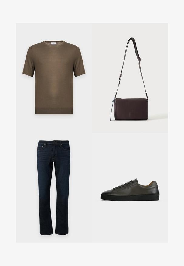 Jersey de punto verde oliva de manga corta con cuello redondo y dobladillo acanalado, mostrado sobre un fondo blanco liso.; Jeans de mezclilla azul oscuro con corte recto, que presentan un diseño clásico de cinco bolsillos y detalles de costura sutiles.; Zapatilla baja de piel gris oscuro con cordones y suela negros, diseño minimalista, perfil lateral sobre un fondo claro y liso.; Bolso bandolera de cuero marrón oscuro con textura, correa ajustable y pequeño adorno decorativo azul en el lateral.