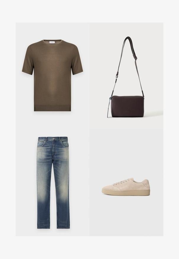 Kortemouwen olijfgroene gebreide trui met ronde hals en geribde zoom, weergegeven op een effen witte achtergrond.; Blauwe denim jeans met een rechte snit, voorzien van subtiele vervaging en wassing details aan de voorkant, vijf-pocket ontwerp en ceintuurlussen.; Beige suede sneaker met een ronde neus, platte veters en een gestructureerde rubberen zool. Minimalistisch ontwerp met gladde randen en subtiele stiksels.; Donkerbruine gestructureerde leren crossbodytas met verstelbare riem en klein decoratief blauw accent aan de zijkant.