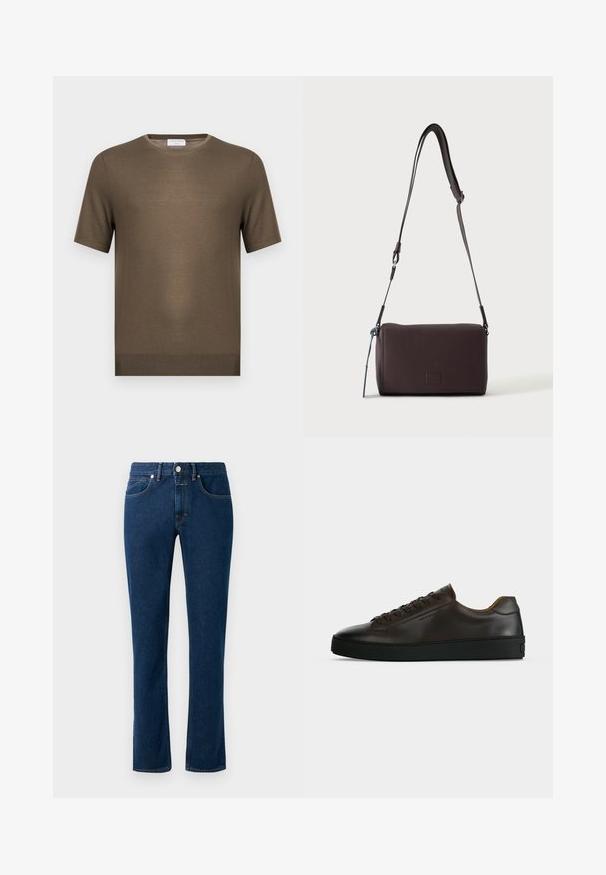 Kortemouwen olijfgroene gebreide trui met ronde hals en geribde zoom, weergegeven op een effen witte achtergrond.; Donkerblauwe denim jeans met een slim recht model, klassieke vijf-pocket stijl en een knoopsluiting bij de taille.; Low-profile donkerbruine leren sneaker met zwarte rubberen zool, veters aan de voorkant en een strak minimalistisch design op een lichte achtergrond.; Donkerbruine gestructureerde leren crossbodytas met verstelbare riem en klein decoratief blauw accent aan de zijkant.