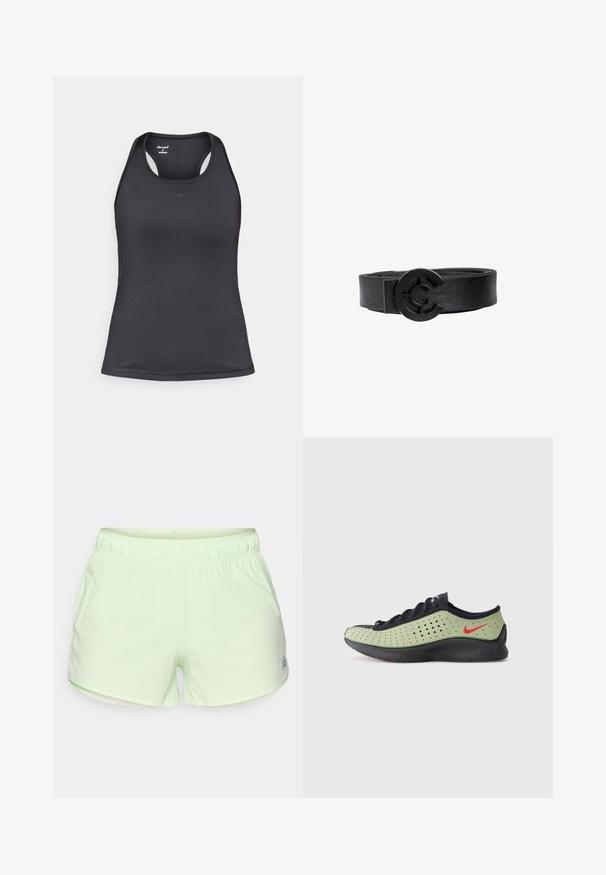 Camiseta deportiva negra con diseño de tirantes cruzados en la espalda, hecha de tela suave y elástica con costuras mínimas y detalle de logo en la parte frontal.; Pantalones cortos deportivos de color verde claro, confeccionados con tela transpirable, que presentan una textura perforada y una cintura elástica para mayor comodidad.; Zapatilla de perfil bajo con parte superior perforada en verde oliva, suela y cordones negros, y un swoosh rojo de Nike en el lateral del talón.; Cinturón de cuero negro con una hebilla redonda negra que presenta un diseño circular recortado sobre un fondo blanco.