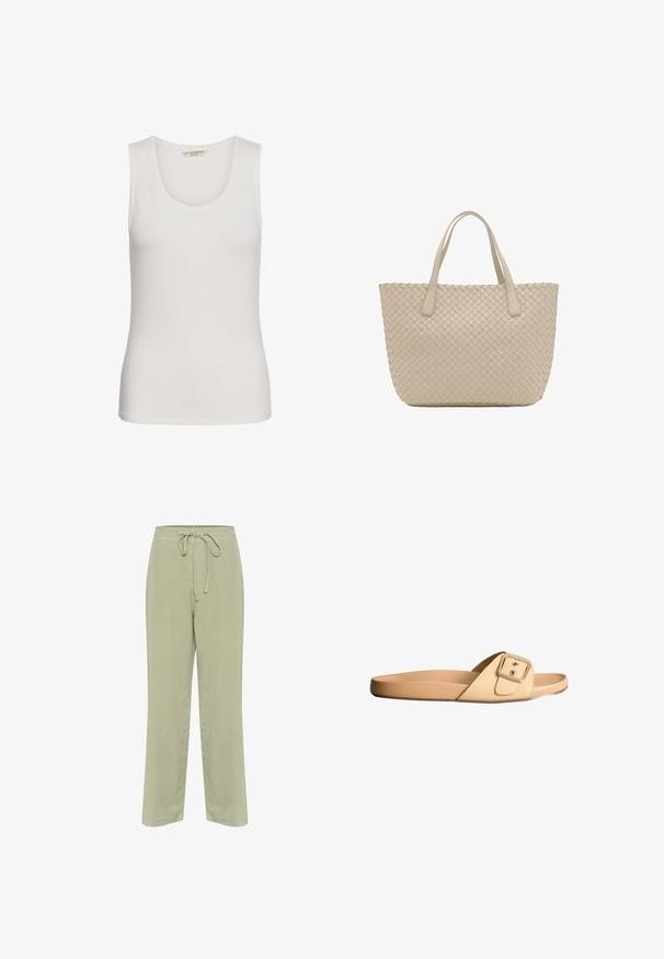 Witte mouwloze tanktop met een ronde halslijn, gemaakt door Love Copenhagen, weergegeven op een effen witte achtergrond.; Lichtgroene linnen broek met een trekkoord in de taille, wijd been ontwerp en zijzakken. Zachte textuur en eenvoudige constructiedetails.; Beige slipper met een platte zool en een verstelbare band met een grote vierkante gesp op een witte achtergrond.; Beige geweven lederen tas met twee schouderbanden en een gestructureerde rechthoekige vorm.