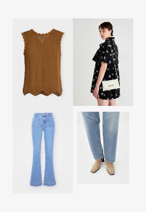 Brun ærmeløs strikket top med bølgekant og tekstureret åbent mønster, vist mod en hvid baggrund.; Lyseblå jeans med høj talje, forlommer med lap og vide ben mod en ensfarvet hvid baggrund.; Beige ruskindsankelstøvler med spids tå og lav sort blokhæl, båret med lyseblå bukser med lige ben.; Sort kjole med hvide sløjfe mønstre, korte ærmer, flæser ved skuldrene. Hvid clutch med guldkæde og lukning, holdt i højre hånd.