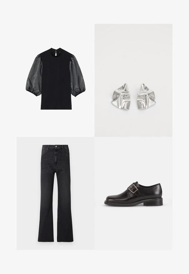 Sort top med korte, puffede gennemsigtige ærmer med et subtilt mønster, rund halsudskæring og en nøglehulsåbning i ryggen.; Sorte jeans med vidde forneden i denimstof, med høj talje, to forlommer og subtil falmning. Fem bæltestropper og klassisk lukning med metal knap.; Sorte læder herresko med rund tå, detaljer med sidelukning, og en struktureret sål, sat mod en simpel hvid baggrund.; Sølvmetal øreringe med et bølgende, skulpturelt design, der har en poleret overflade og uregelmæssige former, hvilket fremhæver en moderne æstetik.