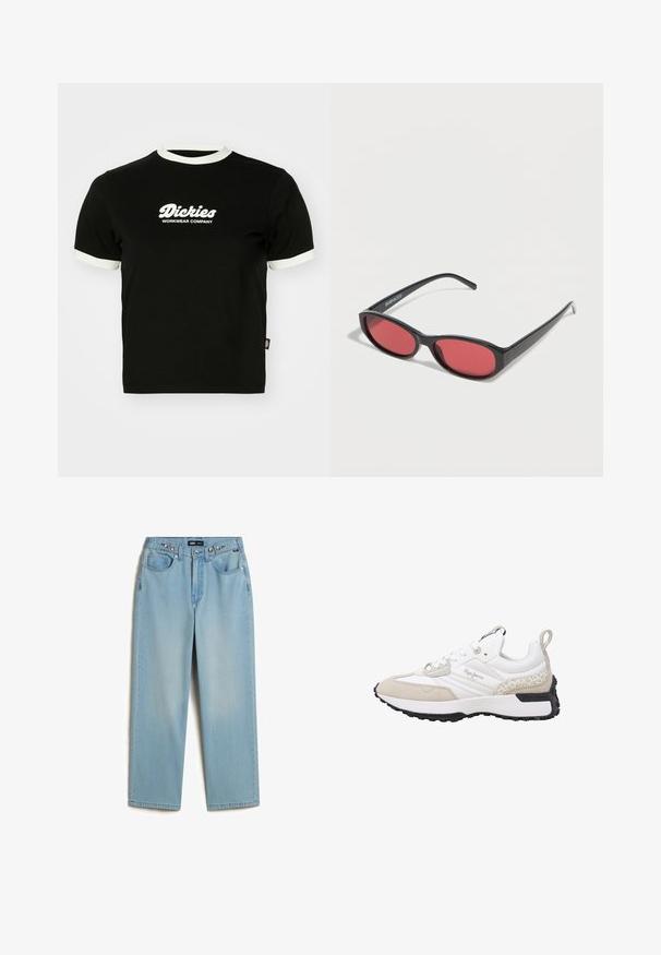 Zwarte katoenen t-shirt met witte ribbelboord bij de hals en mouwranden. Voorzien van een witte logo tekst aan de voorkant: "Dickies Workwear Company." Korte mouwen.; Vans CINCHED CHECK - Baggy jeans - light stonewash; Witte en beige sneaker met suède en mesh materialen, textuuraccenten, een afgeronde neus en een rubberen zool. Voorzien van een logo aan de zijkant.; Zwarte ovale zonnebril met slanke pootjes en rood getinte glazen, rustend op een witte ondergrond.