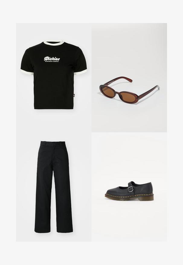Sort bomulds t-shirt med hvid ribbet halsudskæring og ærmekanter. Har hvidt logo-tekst på forsiden: "Dickies Workwear Company." Korte ærmer.; Sorte vide bukser med flad front, knaplukning og bæltestropper. Fremstillet af holdbart stof med en glat tekstur.; Sorte læder Mary Jane sko med en rund tå, justerbar spænde, gul syning og en kraftig brun gummisål.; Runde, bruntonede solbriller med en glansfuld bordeauxramme. Slanke arme med diskret brandingdetalje. Flad linsedesign.
