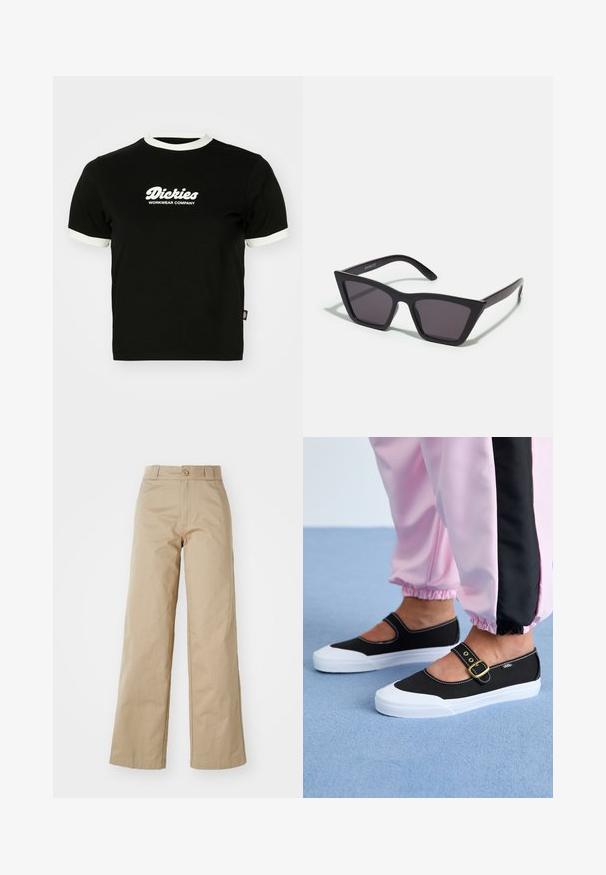 Schwarzes Baumwoll-T-Shirt mit weißem geripptem Kragen und Ärmelsäumen. Mit vorderem weißen Logotext: "Dickies Workwear Company." Kurzärmlig.; Beige weitgeschnittene Hose aus Baumwolle, mit Knopfverschluss und Gürtelschlaufen, glatt im Griff und sauber verarbeitet.; Schwarze Leinenschuhe mit einer weißen Sohle, die ein Ausschnittdesign und einen goldenen Schnallenriegel aufweisen. Getragen mit rosa Sporthosen.; Schwarze, eckige Sonnenbrille mit grauen Gläsern; aus Kunststoff gefertigt, mit dicken Bügeln, die eine glatte Oberfläche und keine sichtbaren Beschläge haben.