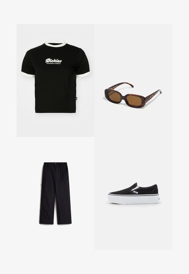 Camiseta de algodón negra con cuello y bordes de mangas de canalé blancos. Presenta en la parte frontal un texto de logo blanco: "Dickies Workwear Company". Mangas cortas.; Pantalones cargo negros con una cintura elástica, cinturón ajustable y dos bolsillos laterales. Hechos de una tela ligera y texturizada.; Zapato ligero negro de lona con suela de goma blanca, que presenta acentos elásticos laterales y costuras en contraste. Logo de la marca visible en el lateral.; Gafas de sol de carey con forma rectangular, lentes marrones, montura de plástico suave y varillas delgadas que presentan sutiles patrones tonales.