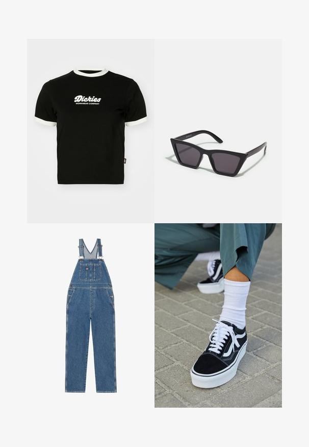 Sort bomulds t-shirt med hvid ribbet halsudskæring og ærmekanter. Har hvidt logo-tekst på forsiden: "Dickies Workwear Company." Korte ærmer.; Denim overalls med justerbare stropper, V-formet brystlomme, frontlomme og sidelommer. Har en klassisk blå farve og kontrastsyninger.; Sorte ruskinds sneakers med hvide accenter og snørebånd, der har en tyk hvid sål og kontrasterende syninger, parret med en hvid sok.; Sorte, kantede solbriller med grå linser; lavet af plast, med tykke stænger med en glat overflade og ingen synlig hardware.