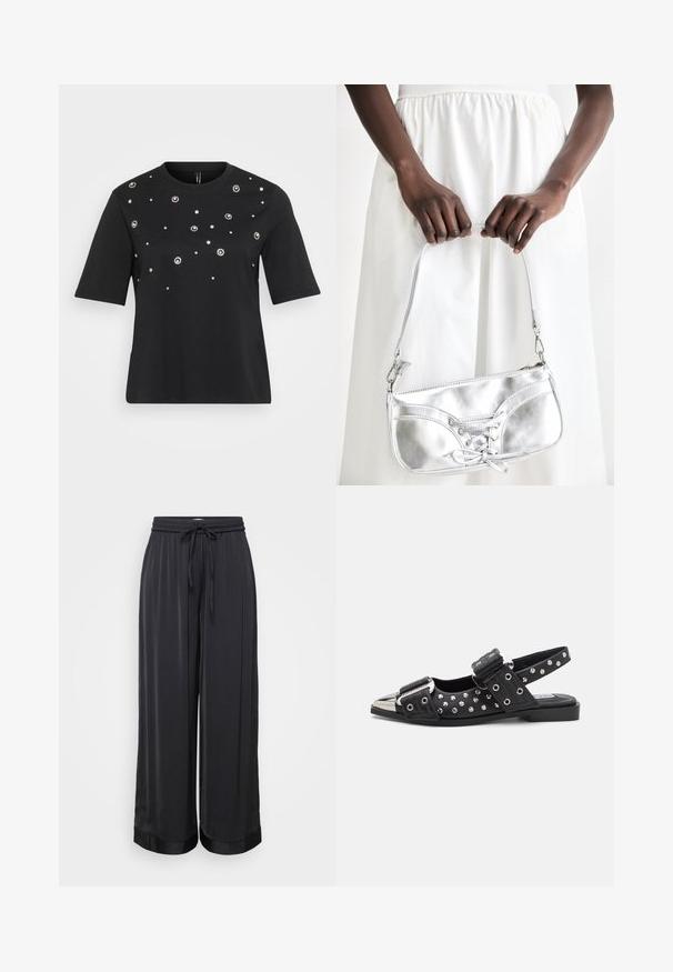 T-shirt noir à manches courtes en coton, présentant des embellissements circulaires en argent disposés de manière éparse sur le devant.; Pantalons noirs à jambe large en tissu lisse, dotés d'une taille élastique avec cordon de serrage et d'une texture légèrement brillante.; Chaussures slingback noires avec des accents cloutés, dotées d'un talon plat, d'un bout métallisé et de brides à boucle réglables. Détail de quincaillerie décoratif présent.; Sac à main en métal argenté avec un détail à lacets, arborant un design épuré et une courte sangle. Le sac est tenu dans les mains, mettant en valeur sa texture.