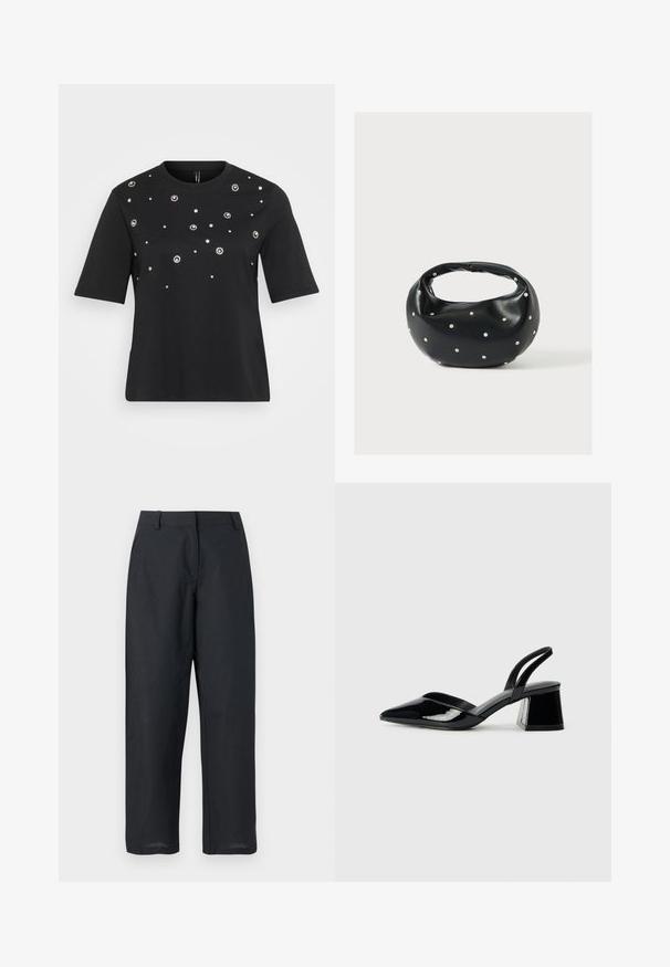 Camiseta de manga corta negra hecha de algodón, que presenta adornos plateados circulares dispuestos en un patrón disperso en la parte frontal.; Pantalones negros de pierna recta con trabillas para cinturón, cremallera frontal y bolsillos laterales, mostrados sobre un fondo blanco.; Zapatos de tacón slingback de charol negro con punta afilada y tacón geométrico en bloque. Presentan un diseño elegante y minimalista, así como una textura suave.; Bolso de mano de cuero negro con forma redondeada, decorado con detalles de tachuelas plateadas y un asa corta. Textura lisa y cierre con cremallera.