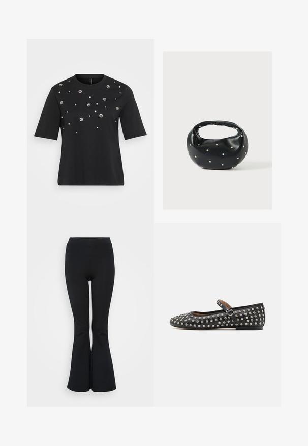Sort kortærmet t-shirt lavet af bomuld, med cirkulære sølvdekorationer arrangeret i et spredt mønster på forsiden.; Sorte flare leggings lavet af strækbart materiale. Har en høj talje og en glat overflade. Slutter med en flared kant.; Sort læder flad sko med rund tå, der har en rem og sølvfarvede nitter jævnt fordelt over den øverste overflade.; Sort læderhåndtaske med en rundet form, dekoreret med sølvnitter, og et kort håndtag. Glat tekstur og lynlåslukning.