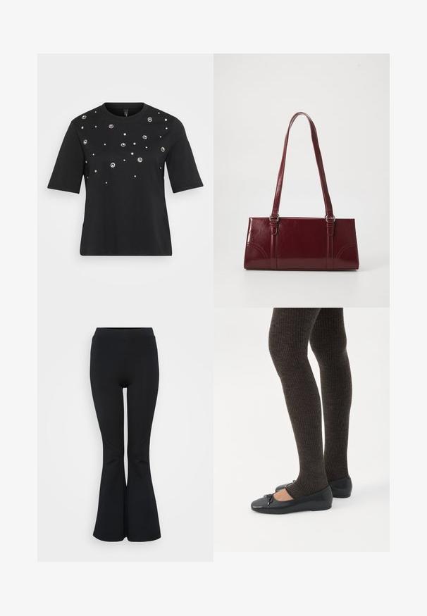 Sort kortærmet t-shirt lavet af bomuld, med cirkulære sølvdekorationer arrangeret i et spredt mønster på forsiden.; Sorte flare leggings lavet af strækbart materiale. Har en høj talje og en glat overflade. Slutter med en flared kant.; Ben iført mørke ribbede leggings kombineret med sorte balletsko med små sløjfedetaljer på hvid baggrund.; Bordeaux håndtaske lavet af glansfuldt materiale, rektangulær form, med to skulderremme og subtile buede detaljer på forsiden.