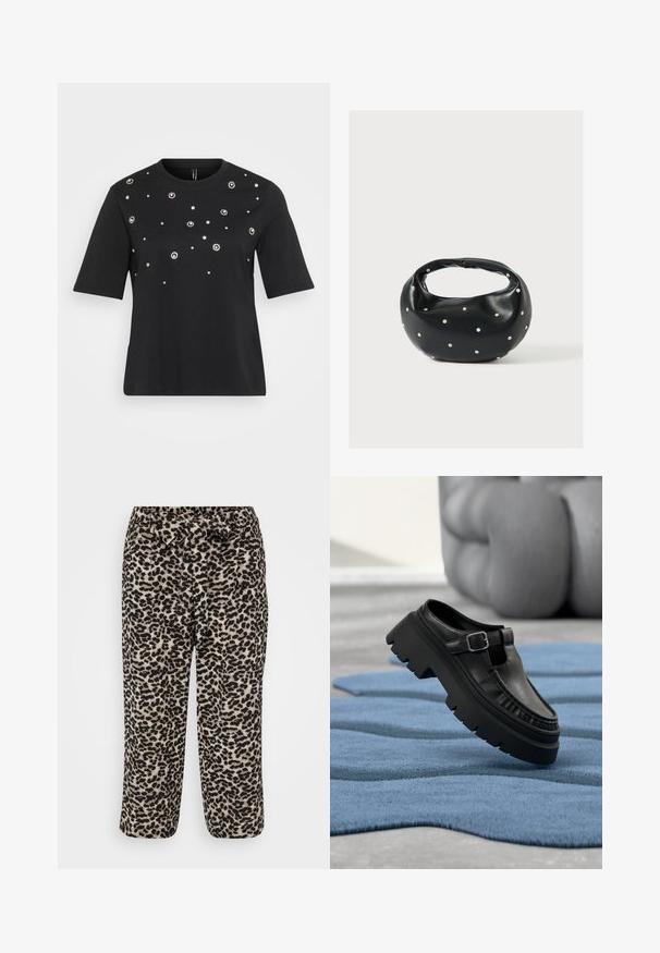 Zwart T-shirt met korte mouwen van katoen, met cirkelvormige zilveren versieringen die in een verspreid patroon over de voorkant zijn aangebracht.; Leopardprint broek met een zachte stof, wijde pijpen en een tailleband met strik. Het patroon bestaat uit zwarte vlekken op een beige achtergrond.; Zwarte leren loafer met dikke grof profielzool en zilveren gesp, schuin geplaatst op een gestructureerd blauw vloerkleed.; Zwarte leren handtas met een afgeronde vorm, versierd met zilveren studs, en een korte handgreep. Gladde textuur en ritsluiting.