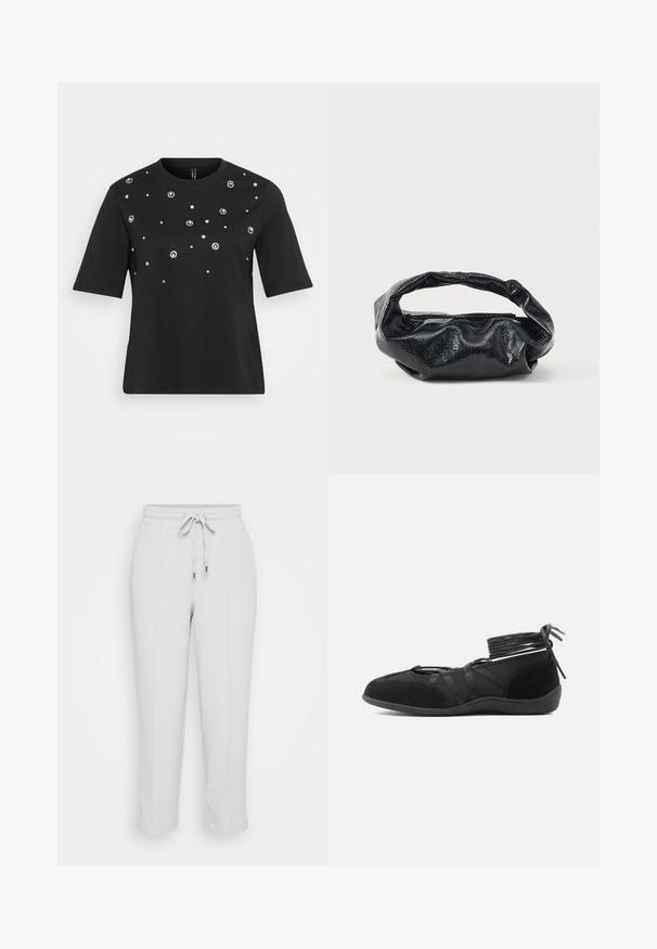 T-shirt noir à manches courtes en coton, présentant des embellissements circulaires en argent disposés de manière éparse sur le devant.; Pantalons légers gris clair à taille élastique avec cordon de serrage ajustable, dotés de deux poches latérales et d'une coupe fuselée. Texture de tissu lisse.; Chaussure plate noire avec brides autour de la cheville et détails en daim, conçue pour un ajustement sûr et un style minimaliste.; Sac noir en matériau texturé et brillant avec une poignée circulaire torsadée et une fermeture éclair. Présente un design doux et froissé.