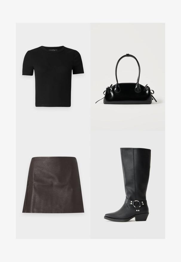 T-shirt noir ajusté à manches courtes, texture côtelée et col rond. Design simple, sans logo ni ornement visible.; Jupe mini courte en similicuir marron foncé avec une coupe droite et des plis subtils, présentée sur un fond blanc uni.; Bottines noires en cuir hauteur genou avec un bout pointu, dotées d'une sangle décorative à la cheville et d'accents en métal argenté. Talon bas empilé.; Petit sac à main noir brillant avec deux longues anses et des détails à cordon sur les côtés sur un fond clair uni.