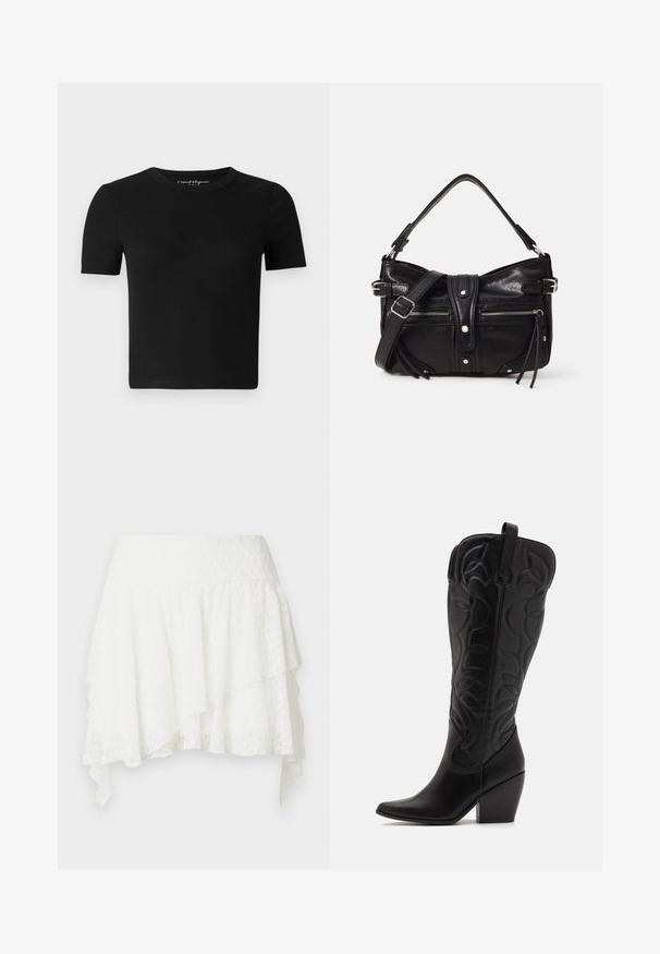 T-shirt noir ajusté à manches courtes, texture côtelée et col rond. Design simple, sans logo ni ornement visible.; Jupe superposée en dentelle blanche avec large ceinture et ourlet asymétrique à bords pointus.; Bottes hautes en cuir noir jusqu'aux genoux avec bout pointu et talon empilé. Caractéristiques de coutures décoratives et éléments de design courbés.; Even&Odd by Zalando H24462 - Sac à main - black