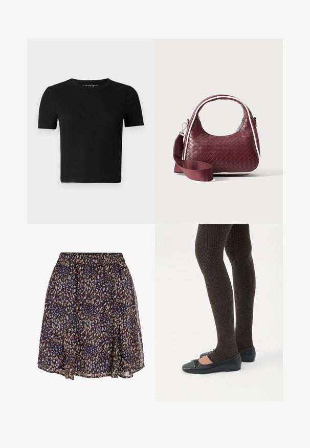 Sort tætsiddende T-shirt med korte ærmer, ribbet tekstur og rund halsudskæring. Simpelt design uden synlige logoer eller pynt.; Marineblå og brun leopardprint kort nederdel med elastisk taljebånd og lette, let gennemsigtige stoflag.; Ben iført mørke ribbede leggings kombineret med sorte balletsko med små sløjfedetaljer på hvid baggrund.; Mørkerød vævet lædertaske med buet hank, hvid kant, sølv lynlås og aftagelig bred stofskulderrem mod en ensfarvet baggrund.