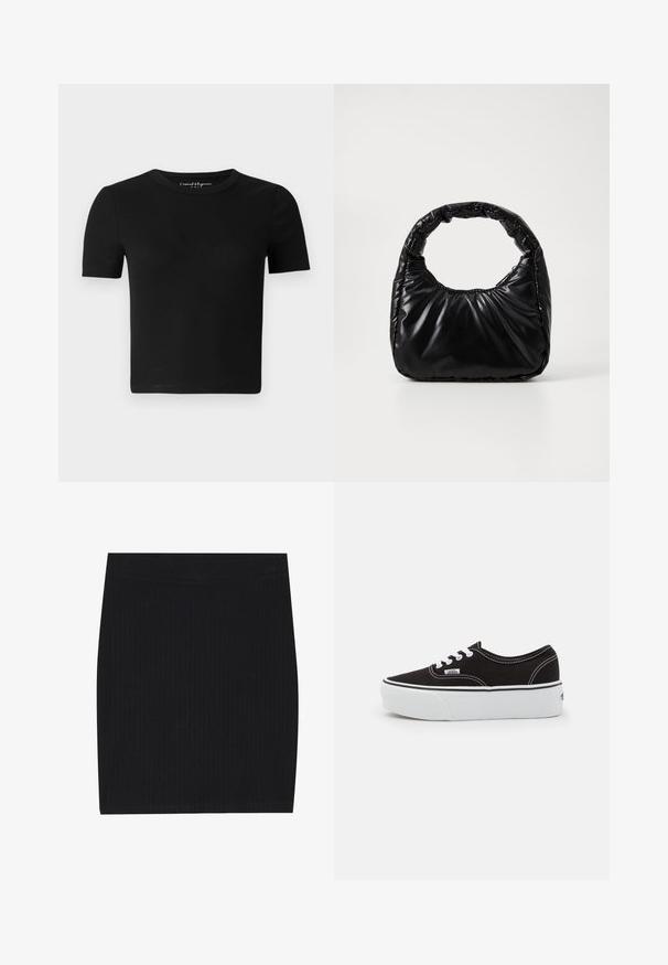 T-shirt noir ajusté à manches courtes, texture côtelée et col rond. Design simple, sans logo ni ornement visible.; Mini-jupe en tricot côtelé noir avec un design ajusté, texture lisse et taille élastique pour plus de confort.; Baskets en toile noires avec une semelle en caoutchouc blanc, dotées de lacets et de coutures blanches, marquage emblématique sur le côté, design basse.; Sac à main noir rembourré avec une poignée arrondie, présentant une surface lisse et brillante ainsi qu'une texture douce et matelassée. Pas de quincaillerie ou d'accents visibles.