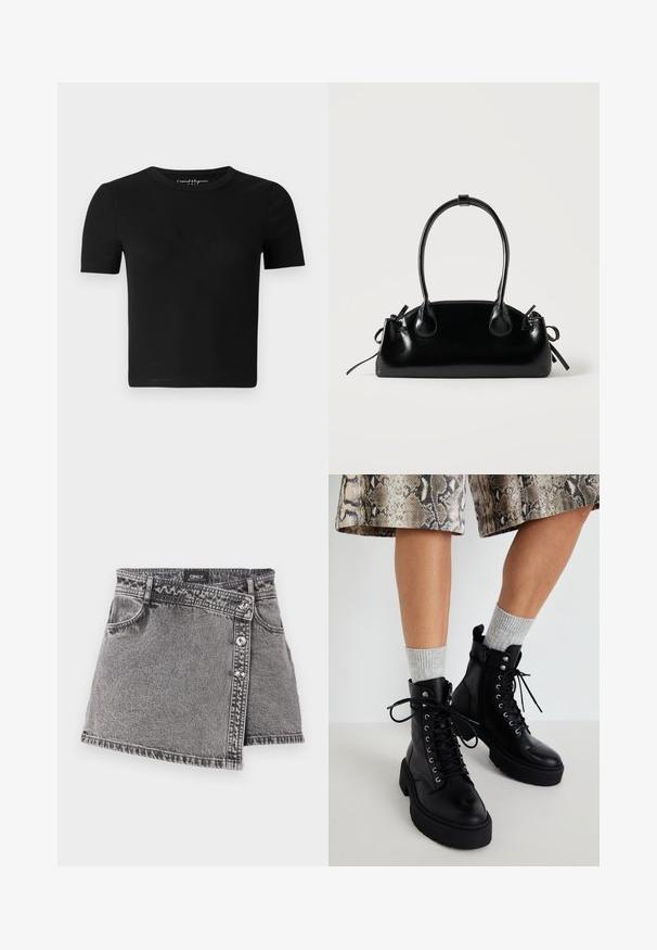 Schwarzes, eng anliegendes T-Shirt mit kurzen Ärmeln, gerippter Textur und rundem Ausschnitt. Einfaches Design, keine sichtbaren Logos oder Verzierungen.; Grauer Denim-Minirock mit asymmetrischem Schnitt, ausgestattet mit silbernen Knopfakzenten und einem Fronttaschen-Detail. Glatte Textur und lässiges Design.; Steve Madden GUSTO - Plateaustiefelette - black; Kleine schwarze glänzende Handtasche mit zwei langen Griffen und seitlichen Kordelzug-Details vor einfachem hellem Hintergrund.