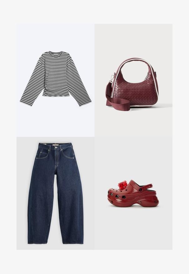 Grå og sort langærmet trøje med vandrette striber, rund halsudskæring og løs pasform, lagt fladt på en lys baggrund.; Mørkeblå denim jeans med løs pasform, lyse syninger, fem lommer og en knaplukning ved taljen.; Rød plastikklip med ventilationshuller, hævet hæl og en blomsterdekoration ovenpå. Har en bagrem og teksturerede sider.; Mørkerød vævet lædertaske med buet hank, hvid kant, sølv lynlås og aftagelig bred stofskulderrem mod en ensfarvet baggrund.