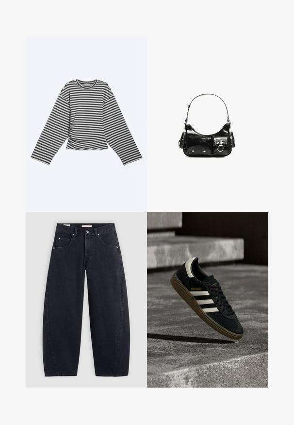 Grijs en zwart horizontaal gestreept shirt met lange mouwen, een ronde hals en een relaxte pasvorm, plat gelegd op een lichte achtergrond.; Zwarte denim wijde pijpen jeans met een hoge taille, twee frontzakken en zilveren hardware. Gladde textuur, minimale stiksels en rechte snit.; Zwarte Adidas sneaker met witte strepen en gumzool die boven grijze betonnen trappen zweeft in natuurlijk licht.; Zwarte laarzen in lakleer met een gebogen vorm, één schouderband, voorvakken en accenten in zilverkleurig metaal.
