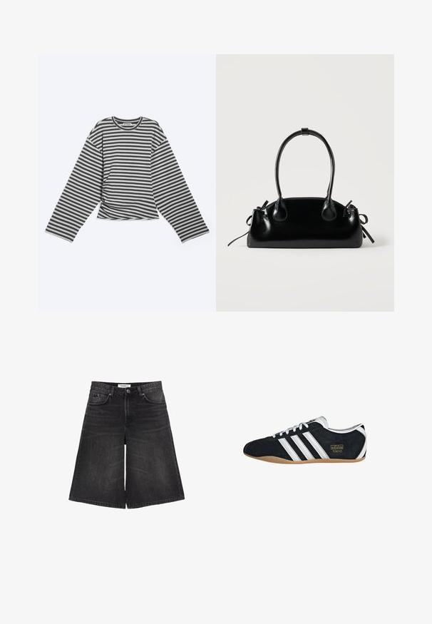 Chemise à manches longues grise et noire rayée horizontalement, col rond et coupe décontractée, étalée à plat sur un fond clair.; Shorts larges en denim noir avec poches avant, passants pour ceinture, fermeture par bouton et détails décolorés.; Sneakers en suede noir avec trois bandes blanches, logo doré et semelle en caoutchouc marron. Présente un design à lacets à profil bas.; Petit sac à main noir brillant avec deux longues anses et des détails à cordon sur les côtés sur un fond clair uni.