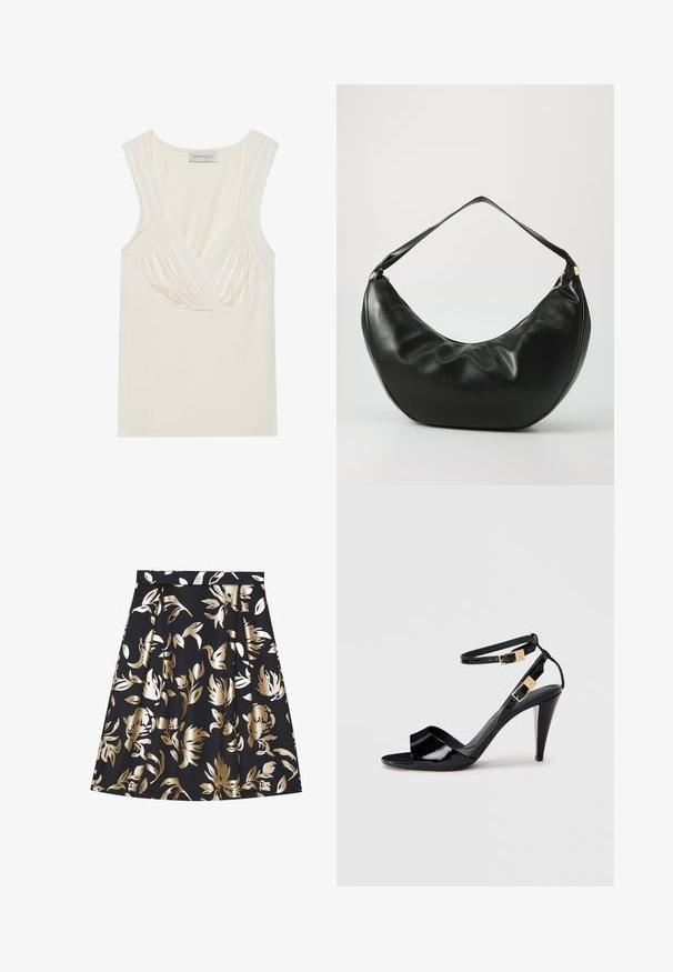 Top sans manches de couleur crème avec un col en V et des détails froncés sur les côtés, fabriqué en matériau doux et extensible. L'étiquette indique "ANNA FIELD."; Anna Field by Zalando Jupe trapèze - black; Sandale à talon haut en cuir verni noir avec double bride de cheville et boucles dorées, bout ouvert, et talon effilé sur fond neutre.; Sac à épaule en cuir noir, de forme courbée, avec une texture douce et une seule sangle; il comporte une fermeture éclair dorée et un logo discret.