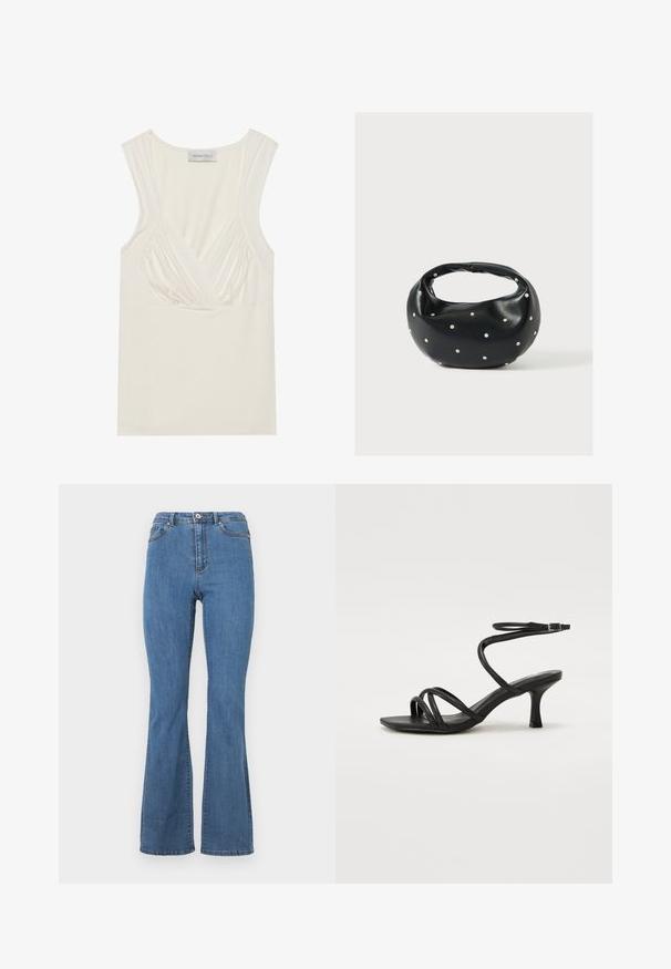 Top sin mangas de color crema con escote en V y detalles fruncidos a los lados, hecho de material suave y elástico. La etiqueta dice "ANNA FIELD."; Vaqueros de campana azules hechos de denim, con una cintura alta, costuras en contraste y un cierre de botón único en la parte frontal.; Even&Odd Wide Fit by Zalando Sandalias - black; Bolso de mano de cuero negro con forma redondeada, decorado con detalles de tachuelas plateadas y un asa corta. Textura lisa y cierre con cremallera.