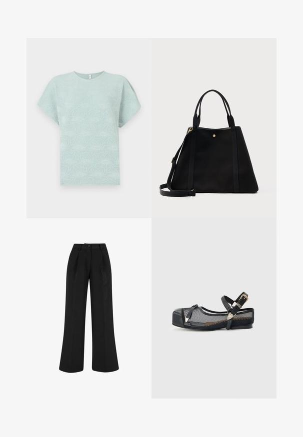 Hellblaues T-Shirt mit strukturiertem Blumenmuster, rundem Ausschnitt und kurzen, weiten Ärmeln. Hergestellt aus einem weichen, atmungsaktiven Stoff.; Schwarze, hoch taillierte, weit geschnittene Hose mit vorderen Falten, Gürtelschlaufen und Knopfverschluss am Bund.; Schwarzer flacher Schuh mit quadratischer Schuhspitze, Seitenteilen aus Mesh, Knöchelriemen mit silberner Schnalle und schwarzer dekorativer Schleife vorne.; Schwarze trapezförmige Tragetasche mit zwei Schulterriemen, einem abnehmbaren Umhängegurt und einem kleinen goldenen Knopfdetail vor einfarbigem Hintergrund.