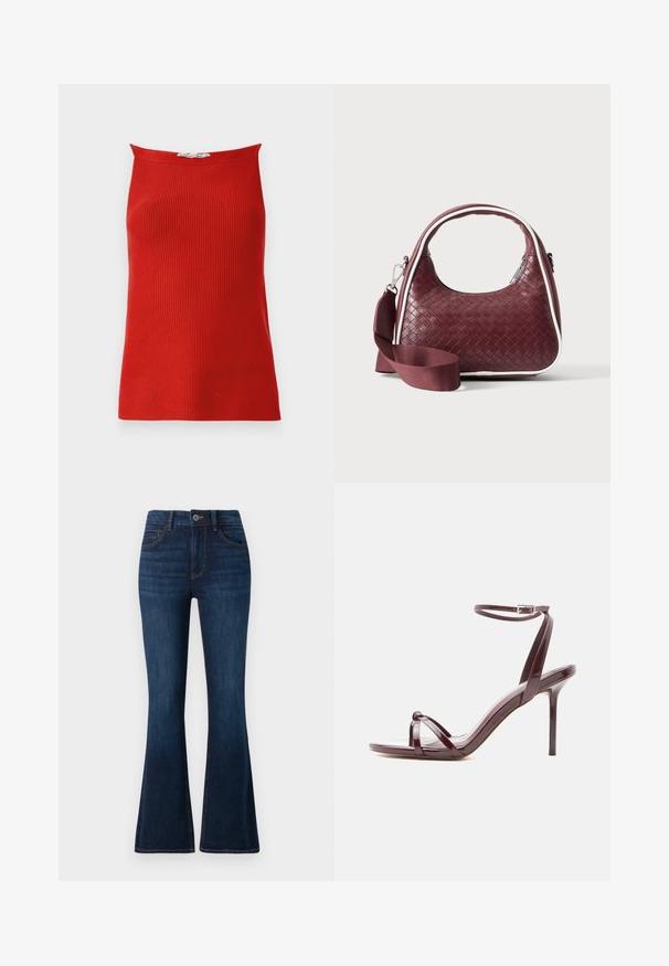 Rød ribbet tanktop med lige halsudskæring og tætsiddende silhuet, lavet af glat stof. Ingen synlige lukninger eller mønstre.; TOM TAILOR STELLA darkblue; Højhælet sandal i burgunderrødt laklæder med tynd ankelrem og krydsede tåremme på hvid baggrund.; Mørkerød vævet lædertaske med buet hank, hvid kant, sølv lynlås og aftagelig bred stofskulderrem mod en ensfarvet baggrund.